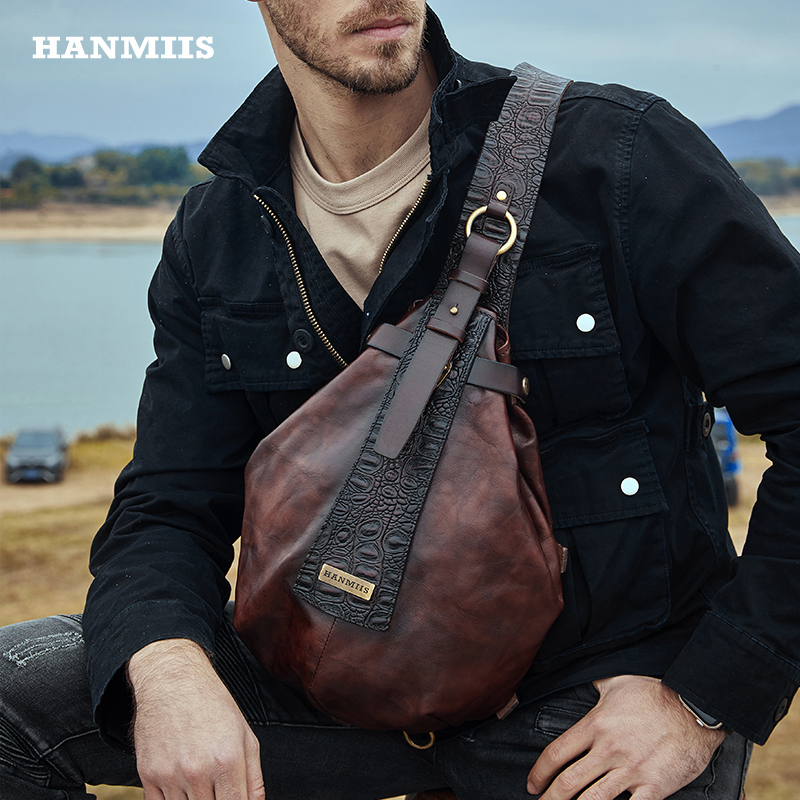 Hanmiis Water Drop Triangular Chest Bag B6 Paratrooper First Layer Cowhide Genuine Leather Men's Bag Single Shoulder Crossbody Cycling Bag