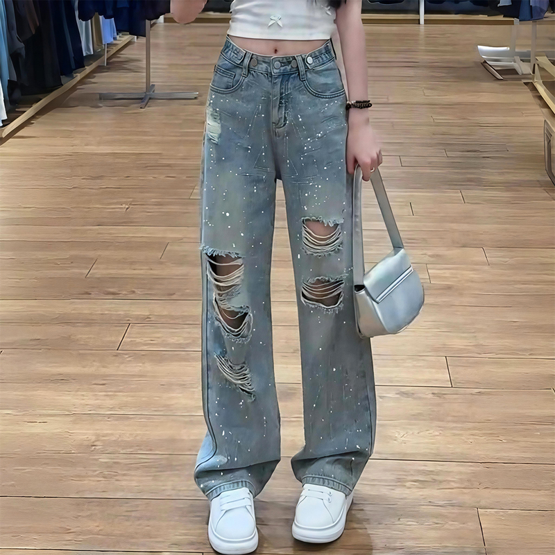 Flashy Rhinestone Ripped Jeans for Women, Plus Size, New Summer Style, High-Waisted, Loose, Bf Lazy Style, Straight Wide-Leg Pants