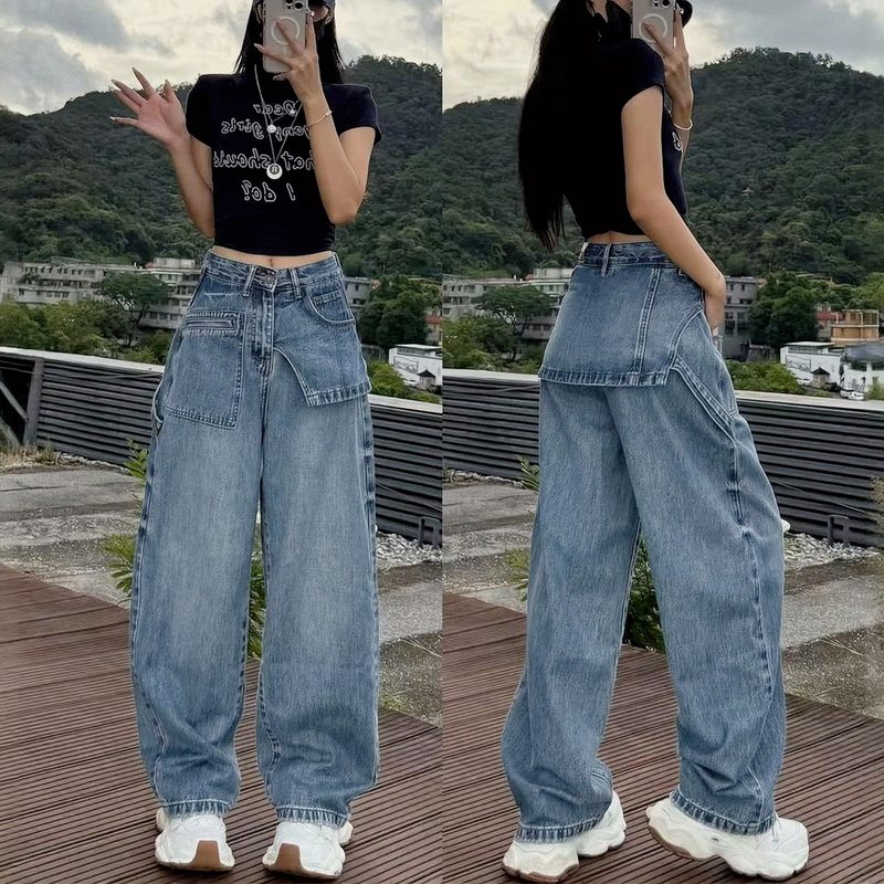 Early Autumn 2026 New Style Wide-Leg Jeans for Women, Plus Size, High-Waisted, Loose, Slimming, Faux Two-Piece Straight-Leg Pants