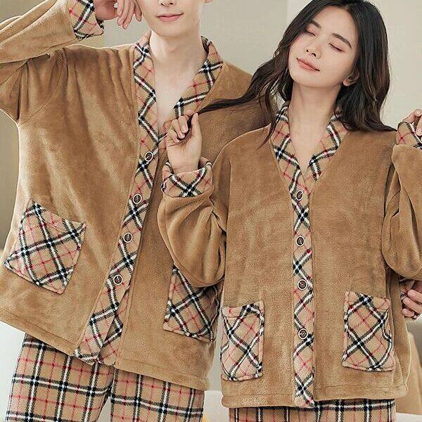Couple's Pajamas for Women, Coral Fleece, Thickened and Fleece-Lined for Autumn and Winter, Can Be Worn Outside, Flannel Men's Loungewear Set for Winter