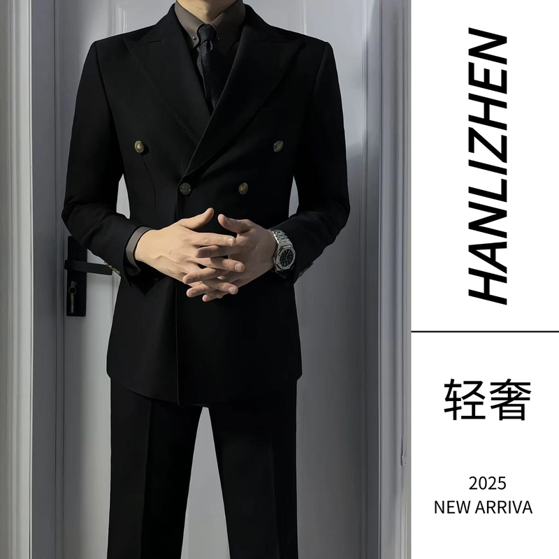 Men's British Style Handsome Business Suit Set Groom Wedding Korean Style Slim Fit High-End Double-Breasted Suit