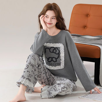 Long-Sleeved Pure Cotton Pajamas for Women, Autumn and Winter Thickeneded 2025 New Style, Can Be Worn Outside, Cute and Sweet Lace Cartoon Home Clothes