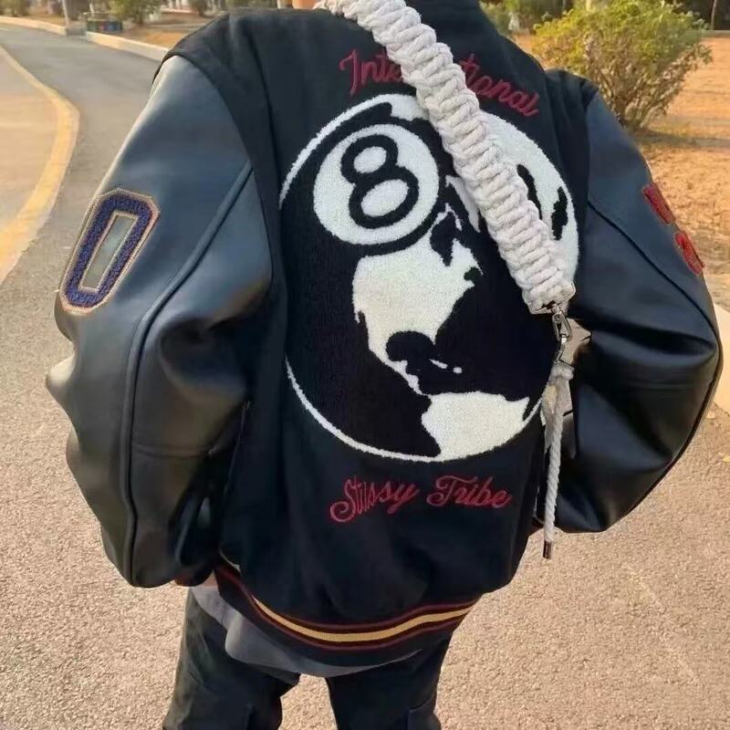 In Stock【Junjie】Two-Layer Leather Embroidered Black Eight 40Th Anniversary New York Limited Edition Vibe Style Baseball Jacket for Men and Women