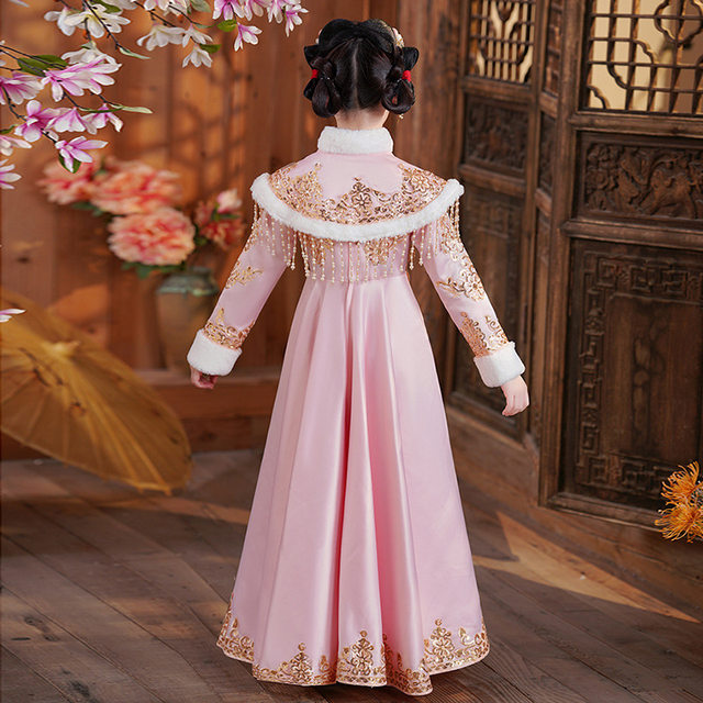 New Year Outfit for Girls, Winter Style Hanfu with Fleece Lining, Thickened Chinese Style Tang Suit for Baby Girls, 2025 New Model for Little Girls