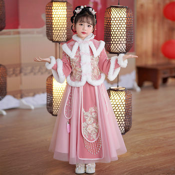 Winter Fleece-Lined and Thickened 2025 New Style Children's Chinese-Style Girl Baby Thickened Warm New Year Outfit Hanfu with Cotton Padding for Winter