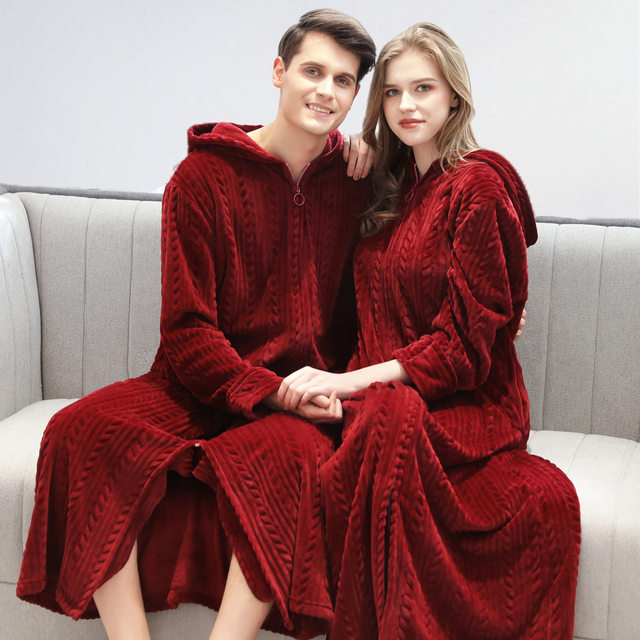 Zipper Nightgown for Women, Winter Coral Fleece Thick Long Bathrobe, Men's Plus-Size Bathrobe, Flannel Pajamas, Couple's Nightdress for Autumn