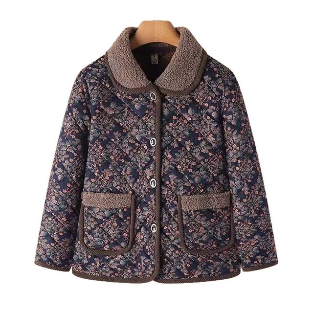 Mom's Autumn and Winter Thickened Coat for Women, Middle-Aged and Elderly, Large Size, Turn-Down Collar, Fleece-Lined Cotton Jacket 100kg Loose-Fitting Three-Layer Cotton Clothing