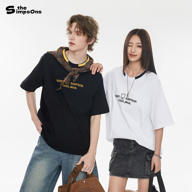 [Same Style as Wang Mian] the Simpsons T-Shirt with Embroidery, Basic Versatile Couple Style, College Style, Daily Casual Short-Sleeve