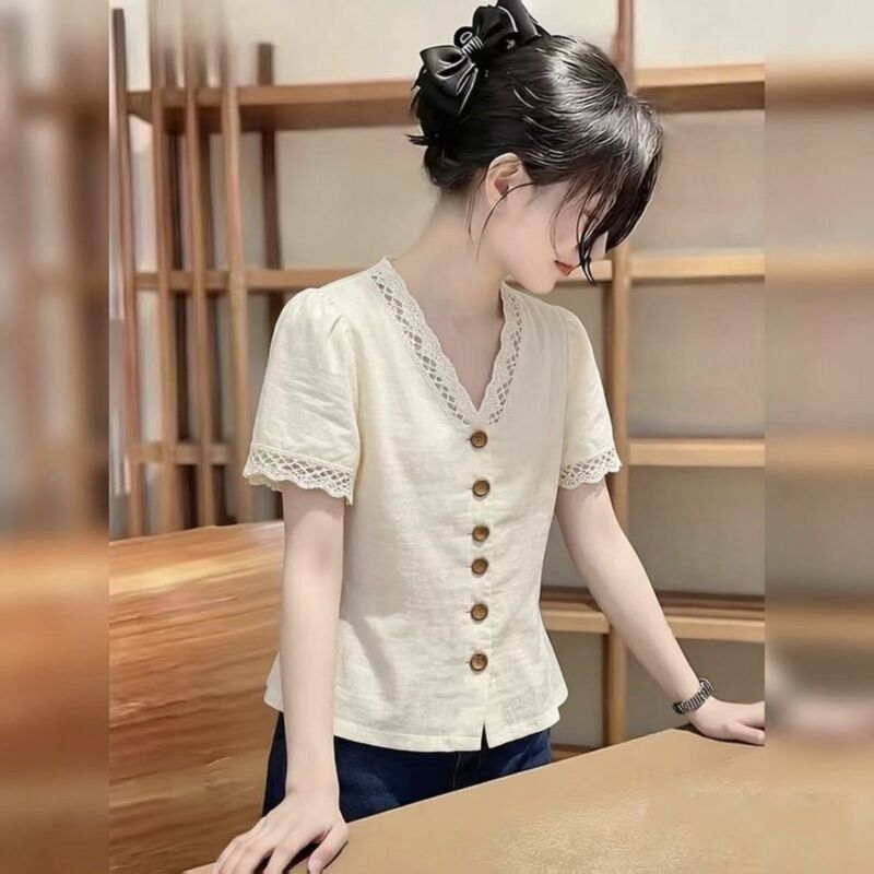 Cotton and Linen Tops for Women, High-End Short-Sleeved Women's Shirts, 2026 Summer New Style, Mother's Belly-Covering Slimming Shirts Cotton and Linen Tops for Women, High-End Short-Sleeved Women's Shirts, 2026 Summer New Style, Mother's Belly-Covering Slimming Shirts