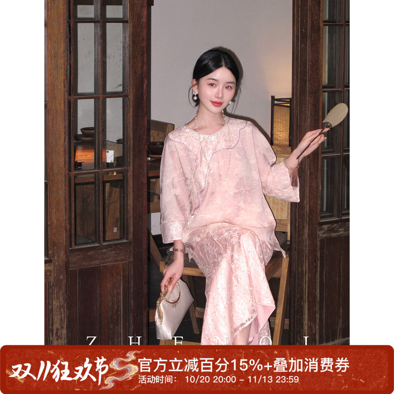 Zhenqi【Peach Blossom Fairy】Summer Original New Chinese-Style Heavy Jacquard Lace Patchwork Top with Sequin Fishtail Skirt