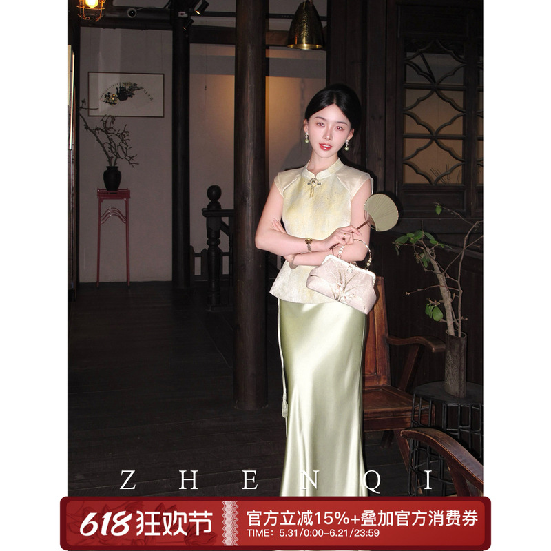 Zhenqi【Green as Ever】Summer Original New Chinese Style Heavy Jacquard Patchwork Tulle Top and Acetate Skirt Set Zhenqi【Green as Ever】Summer Original New Chinese Style Heavy Jacquard Patchwork Tulle Top and Acetate Skirt Set