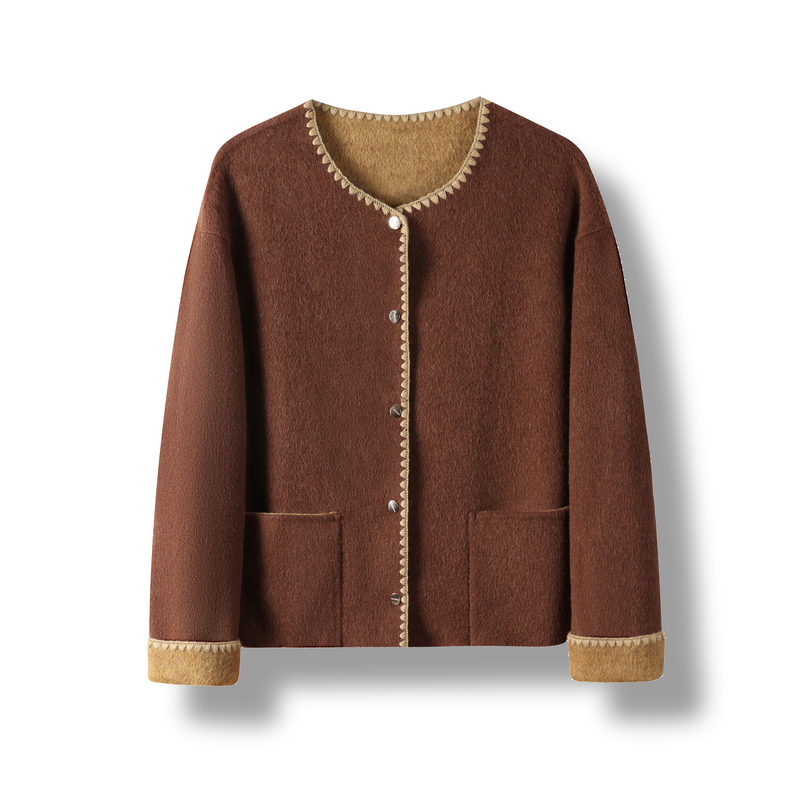 2026 Autumn/Winter Double-Sided Wool Coat for Women, Short Style with Round Neck, Shell Lace Trim, Chanel-Style Double-Sided Wool Coat for Petite Sizes