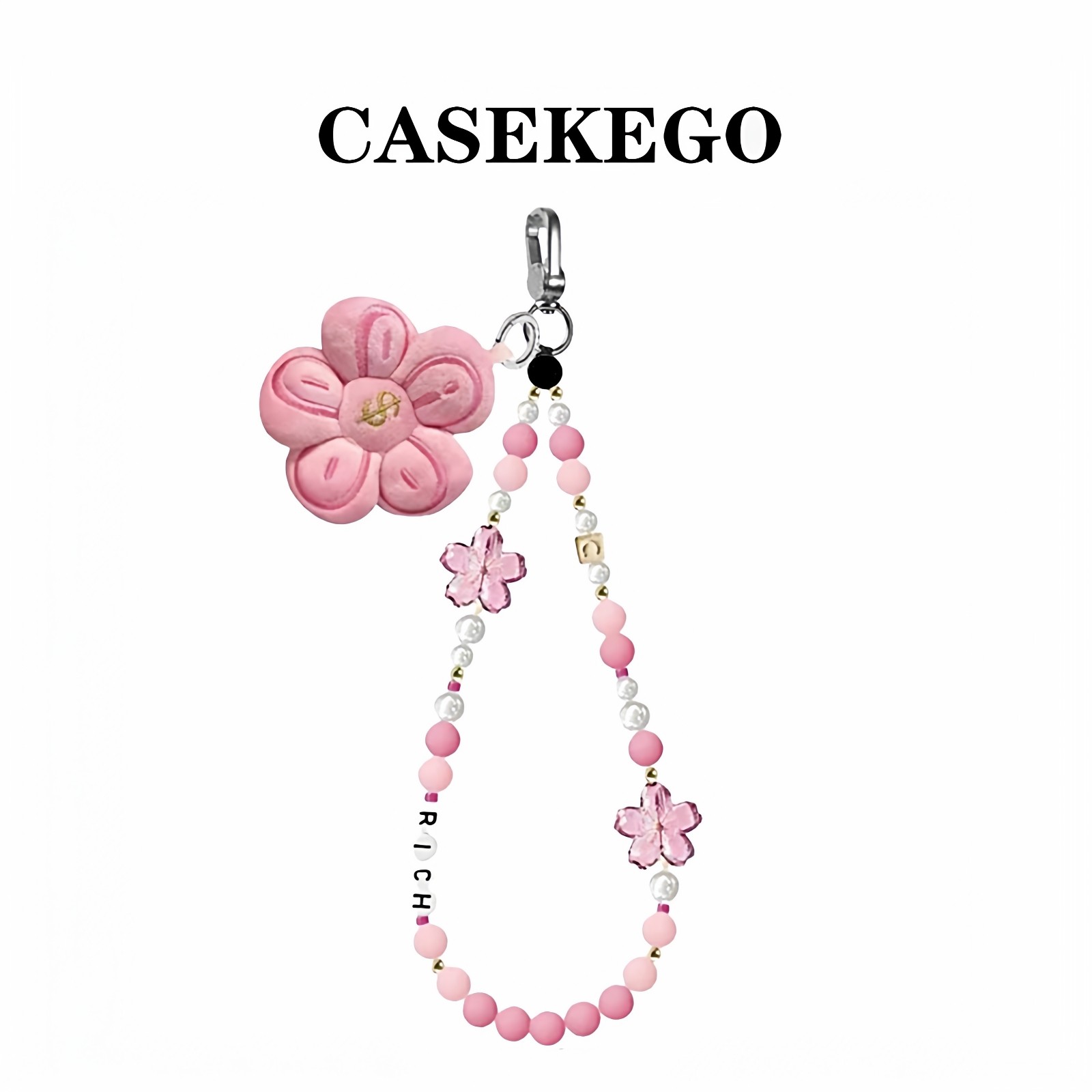 CASEKEGO Rich Cherry Blossom Silicone Beaded Mobile Phone Chain Pendant Pearl Charm Fashionable High-End Anti-Loss New Year Portable Chain Jewelry