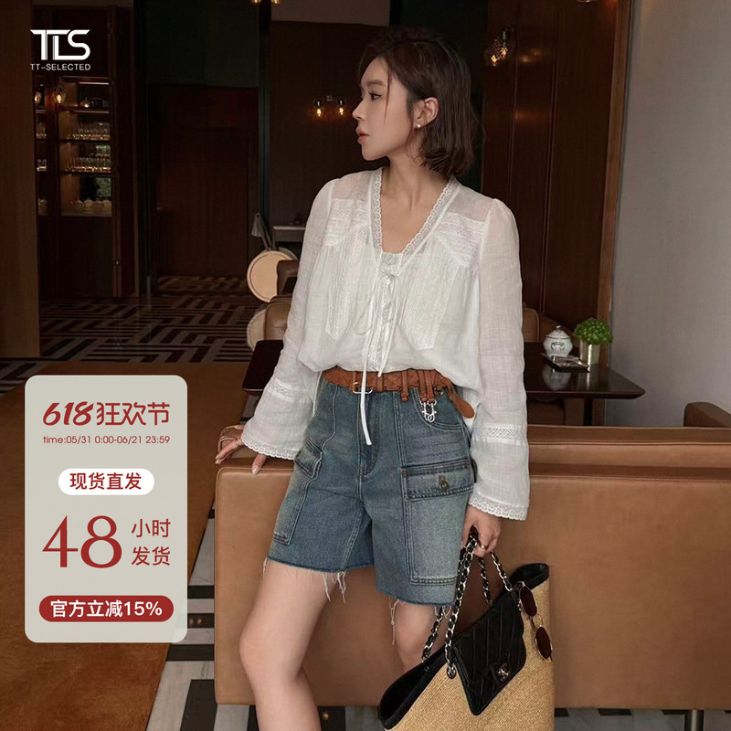 Auntie Tts [Pocket Denim] High-Waisted Vintage Denim Shorts for Women 2026 Summer Slimming Straight-Leg Pants