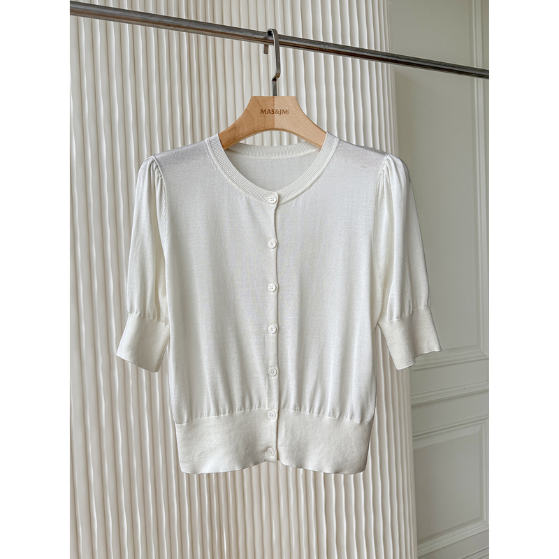 Mas&Jm 120-Count Ultra-Fine Silk Knit Top, Waist-Cinching Cardigan, Short Knit Sweater 621034