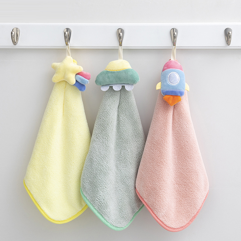 Hanging Cartoon Cute Star Rocket Hand Towel Kitchen Thick Absorbent Hand Towel Household Coral Fleece Towel Cleaning Cloth