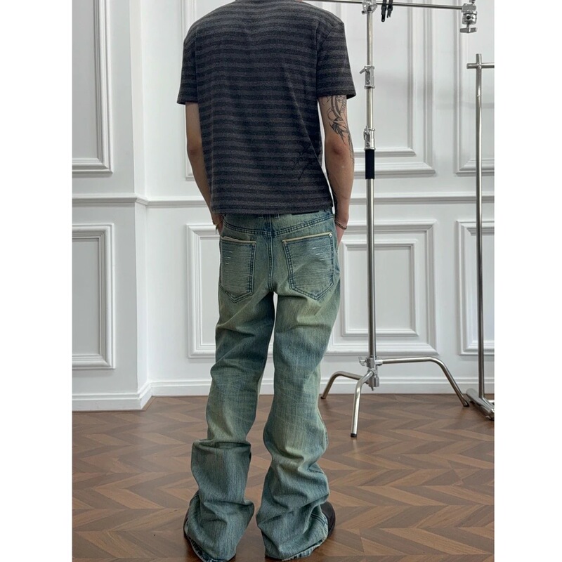 Pulb Original Genuine 1021 Four-Stripe Selvedge Flared Japanese-Style Ice Blue Washed Narrow Selvedge Slub Denim Jeans
