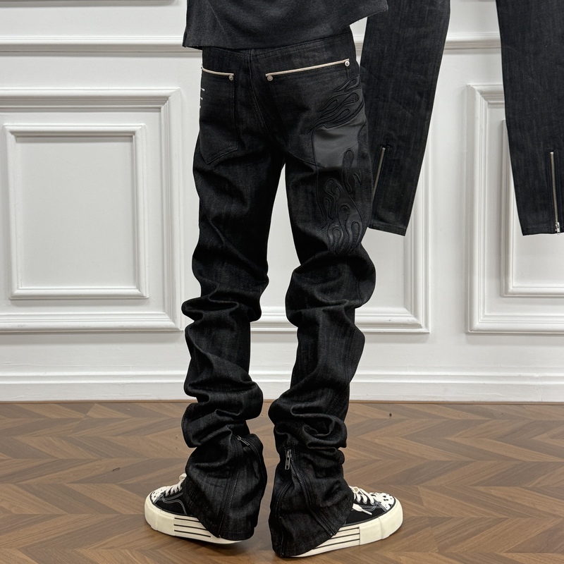 【Straight Leg Stacked】Pulb Original Design 0118 Four-Line Flame Patchwork Leather Back Pull-Up Raw Denim Jeans