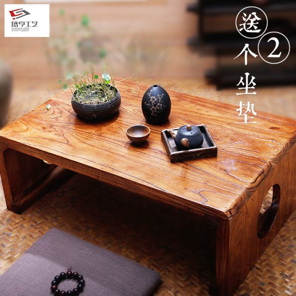 Old elm tatami coffee table, Kang table, solid wood bay window table, low table, window sill table, small table, free 2 cushions