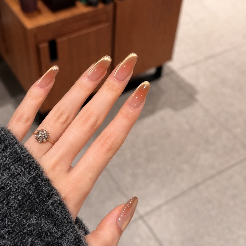 Autumn and Winter Amber Nude Gradient Wearable Nails French Gold-Edged Cat-Eye Almond Nails Simple Elegant Fake Nail Patches Autumn and Winter Amber Nude Gradient Wearable Nails French Gold-Edged Cat-Eye Almond Nails Simple Elegant Fake Nail Patches
