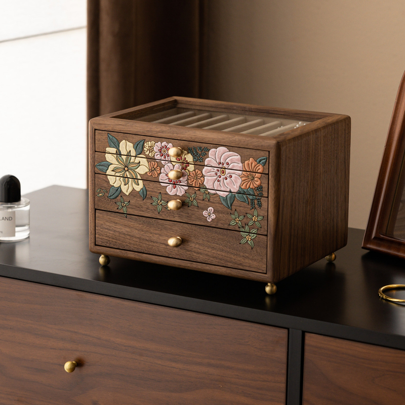 Black Walnut Solid Wood Jewelry Box, Necklace and Earrings Large-Capacity Storage Box, High-End and Exquisite New Style Birthday and Wedding Gift