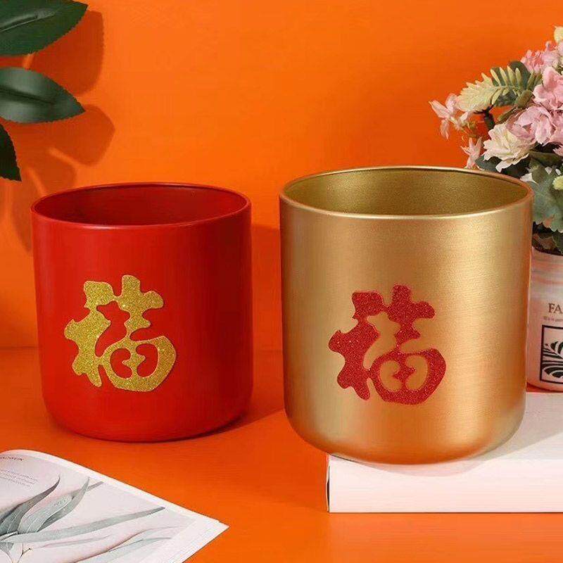 福字抱抱桶花盒聚宝盆红色鲜花包装盒圆形银柳干花新年福桶插花桶