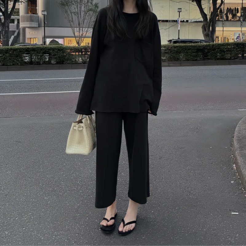 Mrhala26 Early Autumn Shu Lu Cotton Fleece Elastic Waist Nine-Point Wide-Leg Pants Versatile Casual Mid-Length Pants Lk67097
