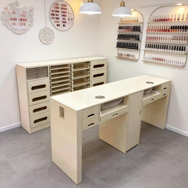 Solid Wood Manicure Table with Antique Style, Multifunctional Storage, Single/Double Vacuum Cleaner, Marble Tabletop Manicure Table