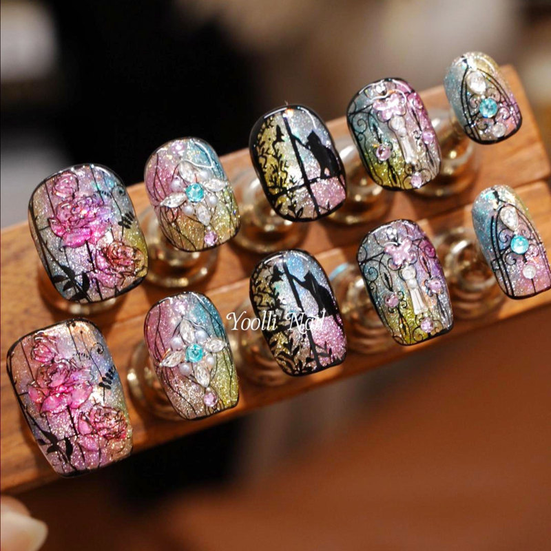 Youli【Window Flower Cat Shadow】Purely Handmade Wearable Nails Hand-Painted Sparkling Cat Eye Creative Nail Art Niche High-End Short Nails Youli【Window Flower Cat Shadow】Purely Handmade Wearable Nails Hand-Painted Sparkling Cat Eye Creative Nail Art Niche High-End Short Nails