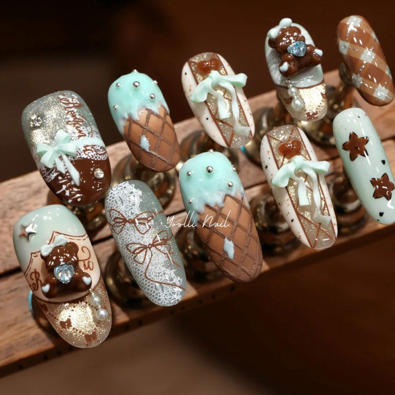 Youli【Thin Chocolate Cone】Handmade Wearable Nails Mint Chocolate Theme Cute Bear Autumn Winter Nail Art Youli【Thin Chocolate Cone】Handmade Wearable Nails Mint Chocolate Theme Cute Bear Autumn Winter Nail Art