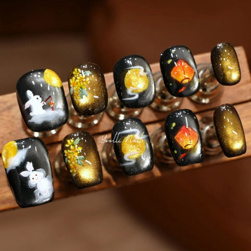 Yuli【Chang'E Rabbit】Purely Handmade Wearable Nails with Hand-Painted Mid-Autumn Full Moon and Jade Rabbit Designs, Festive Atmosphere, Cute Nail Art Yuli【Chang'E Rabbit】Purely Handmade Wearable Nails with Hand-Painted Mid-Autumn Full Moon and Jade Rabbit Designs, Festive Atmosphere, Cute Nail Art