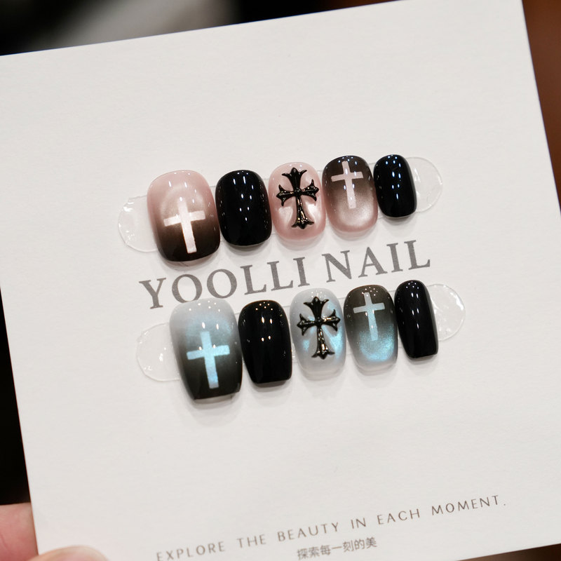 Youli【Two-Tone Crow Heart】Handmade Wearable Nails Dark Cross Pink and Blue Two-Tone High-End Design Nail Art Youli【Two-Tone Crow Heart】Handmade Wearable Nails Dark Cross Pink and Blue Two-Tone High-End Design Nail Art