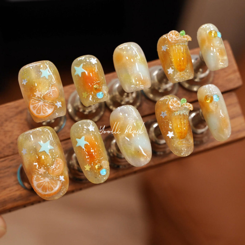 Youli【Orange Soda】Handmade Wearable Nails Orange Gradient Three-Dimensional Soda Summer Atmosphere Nail Art