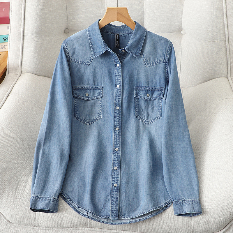 Drapey Tencel Denim Shirt for Women, New Spring and Autumn Style, Slim Fit, Layered Long-Sleeve Shirt, Casual Versatile Top