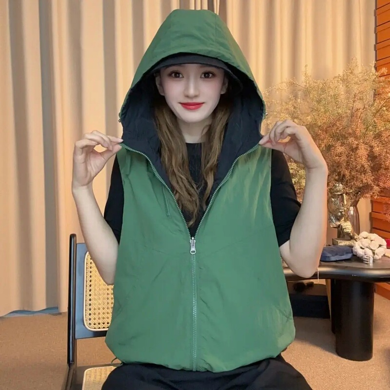 【Suzhou Hangzhou】Double-Sided, Reversible, Hooded, Breathable Vest, New Spring/Summer Model, Versatile, Double Zipper Design, Suitable for Travel