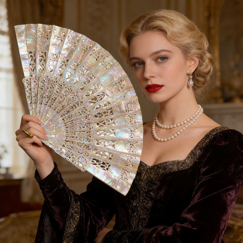 Vintage Mother-Of-Pearl Folding Fan, Western-Style Fan Made with Real Shell Pieces, Natural Abalone Shell, Intangible Cultural Heritage Craft, Souvenir Gift