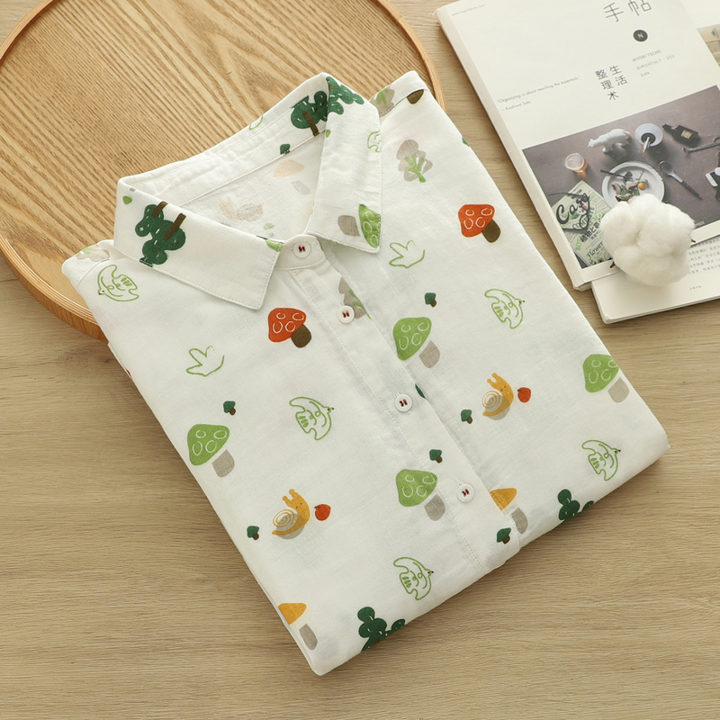Forest-Style Artistic Fresh Mushroom Print Double-Layer Cotton Gauze Long-Sleeve Shirt for Women 2025 Spring and Autumn New Casual Slim-Fit