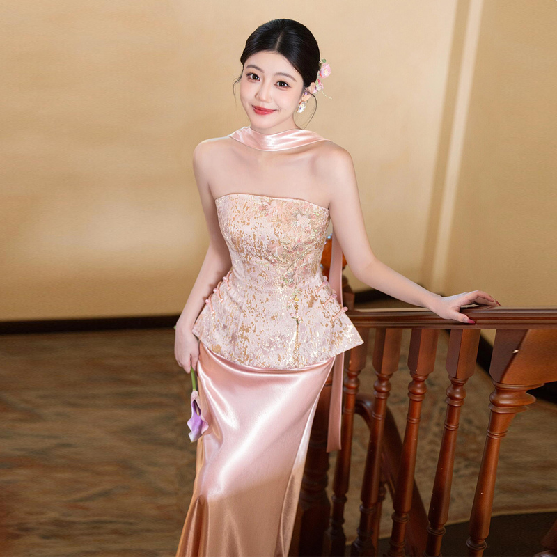 Engagement Evening Dress for Women, Strapless Pink Light Luxury Niche High-End Bridal Toast Dress, Sophisticated Petite Suit