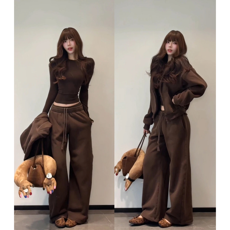 Brown Coffee-Colored Jacket Women's Autumn Set 2026 New Casual Sports Sweatshirt Autumn Outfit Korean Style Complete Set Brown Coffee-Colored Jacket Women's Autumn Set 2026 New Casual Sports Sweatshirt Autumn Outfit Korean Style Complete Set