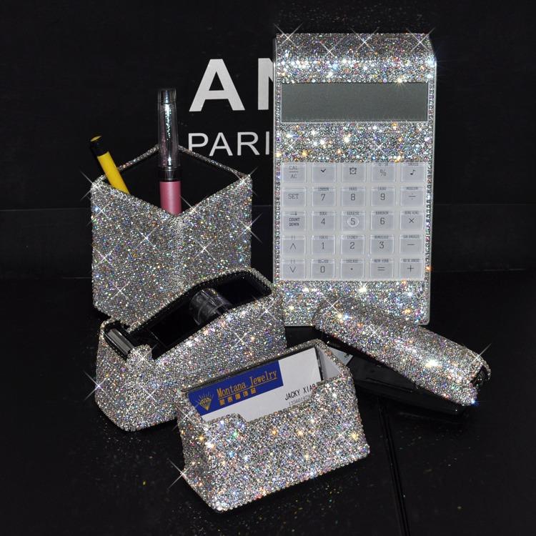 Creative diamond crystal desktop office stationery set with diamond calculator pen holder business card box stapler
