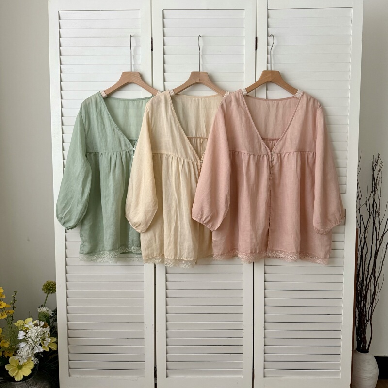 Yi An【Ice Bean Cake】Summer New Style 100% Ramie Lace Trim V-Neck Thin Loose Artistic Versatile Shirt Yi An【Ice Bean Cake】Summer New Style 100% Ramie Lace Trim V-Neck Thin Loose Artistic Versatile Shirt