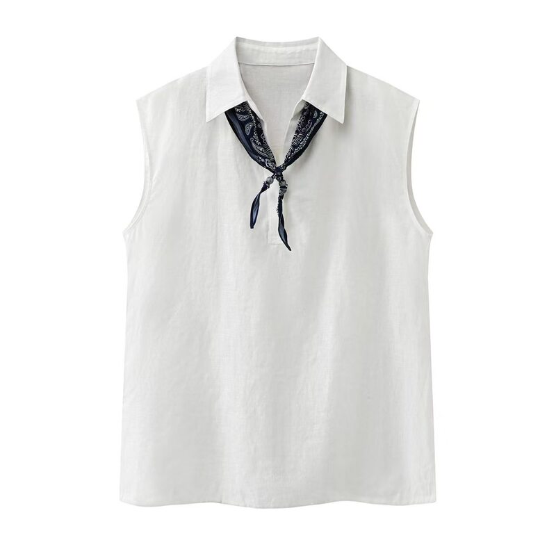 Ainuosi Original 2026 Summer New Casual Silk Scarf Collar Linen Sleeveless Vest Shirt Women's Top 502178