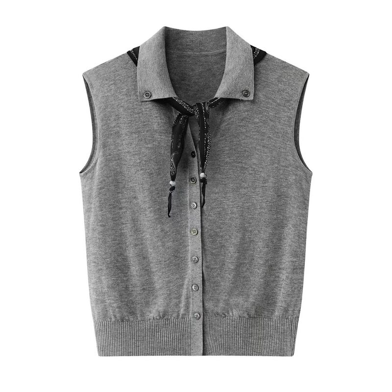 Ainuosi Original 2026 Summer Casual Sleeveless Silk Scarf Collar Knit Vest Top Women's Cardigan 2195