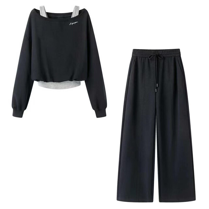 Authentic Mall Same Style 2026 Autumn Casual Sports Style Faux Two-Piece Sweatshirt Set + Wide-Leg Pants for Women 3204/3134