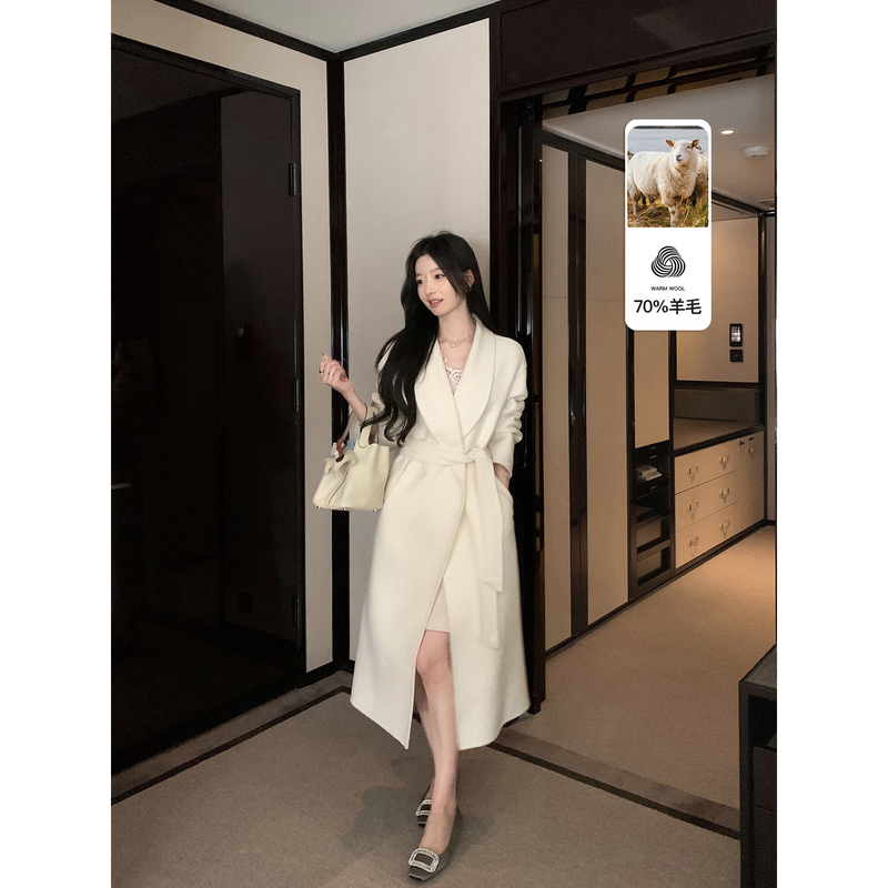 1Xtwo North Island Winter High-End Buttonless Lapel Double-Sided Wool Coat Women's Elegant Long Woolen Jacket