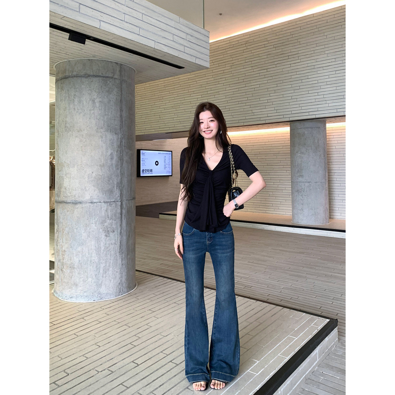 1Xtwo Leg-Shaping Filter~ Retro Flared Jeans for Women, Mid-Low Waist, Slim Fit, Bootcut Pants, Slimming Bell-Bottom Pants