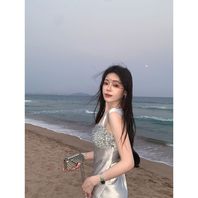 1Xtwo Soft Light Cold Moon High-Quality Square Neck Sequin Patchwork Satin Dress Feminine Banquet Gown Long Dress