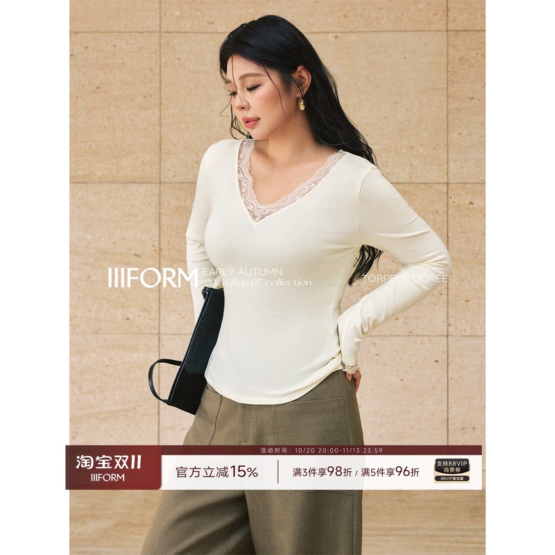 Iiiform Mousse Velvet Plus-Size Minimalist French-Style Elegant Lace Patchwork V-Neck Slim Long-Sleeve Top for Women
