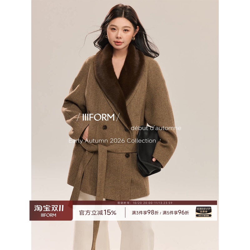 Iiiform Wool Coat for Women, Plus Size, Minimalist, Vintage Herringbone Pattern, Fur Collar, Woolen Jacket