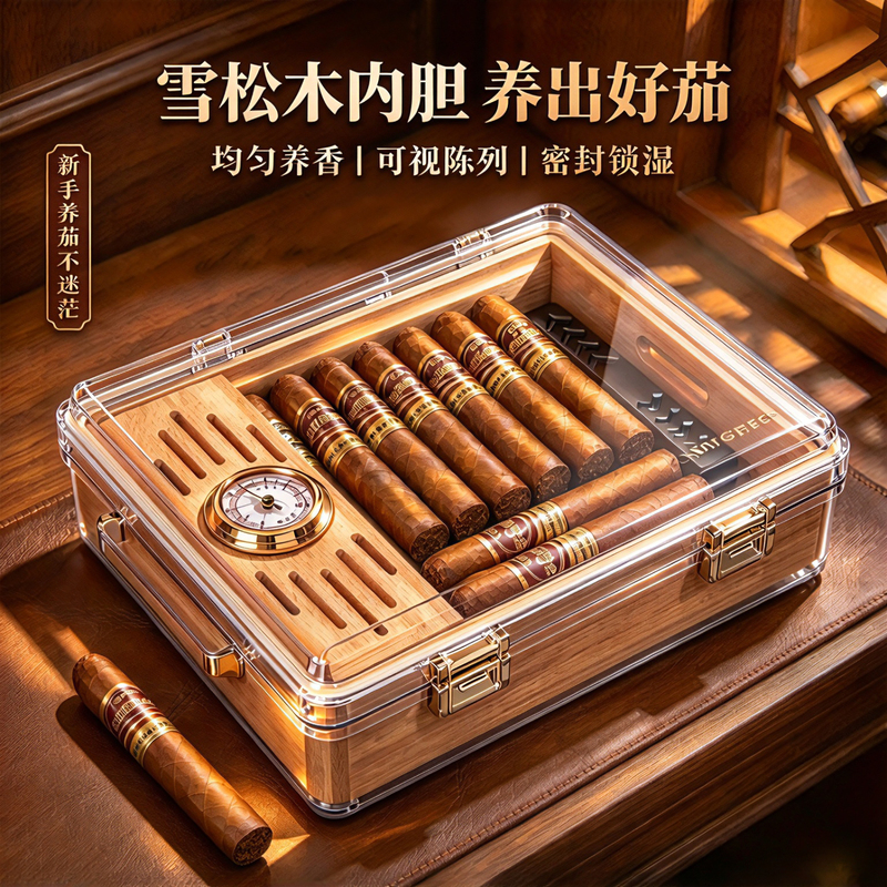 Imported Cigar Humidor, Large Capacity, Transparent, High-Quality Cedar Wood Cigar Storage Box, Portable Cigarette Case, Lockable Cabinet Imported Cigar Humidor, Large Capacity, Transparent, High-Quality Cedar Wood Cigar Storage Box, Portable Cigarette Case, Lockable Cabinet